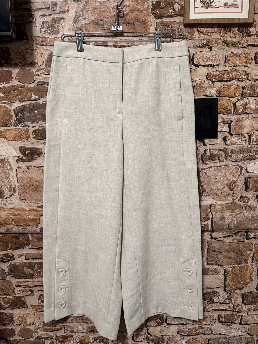 Ann Taylor Petite Light Cream Beige Wide-Leg Cropped Pants with Button Hem